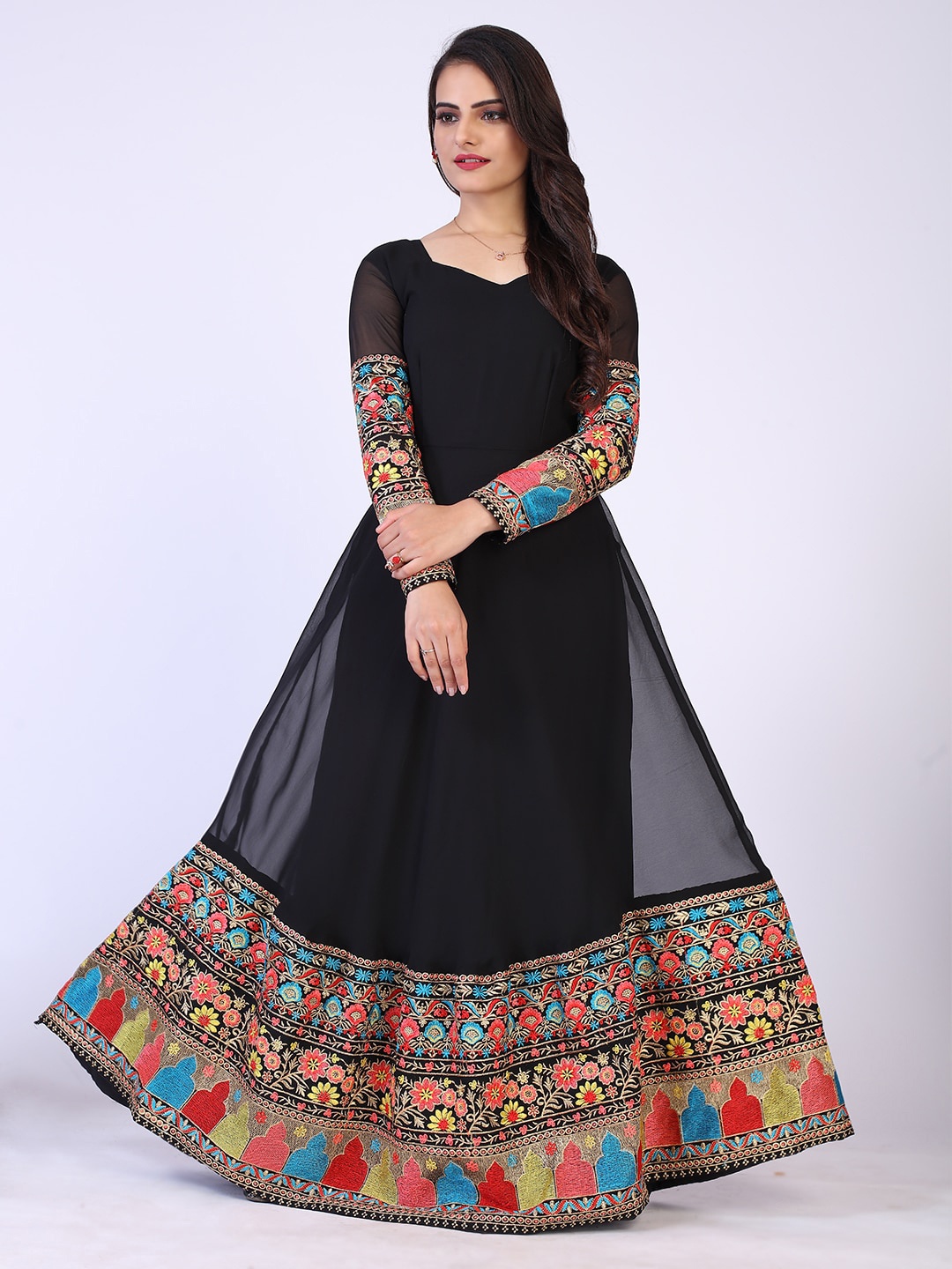 

PRENEA Women Black Floral Embroidered Blooming Georgette Maxi Dress