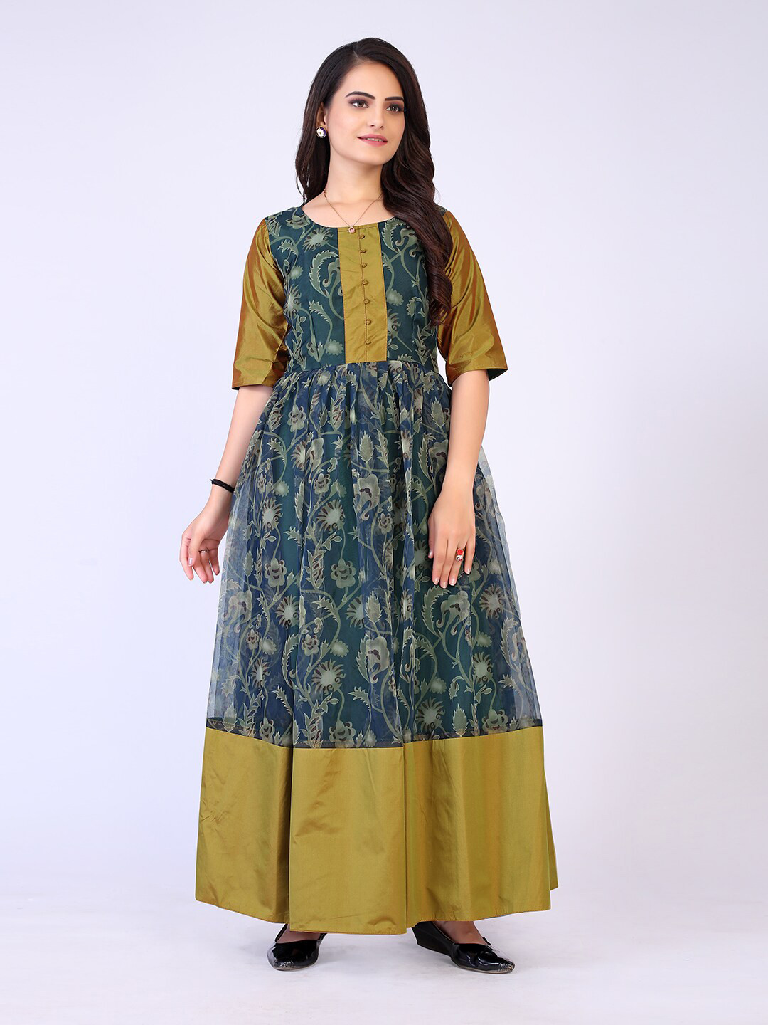 

PRENEA Women Green Floral Jacquard Maxi Dress