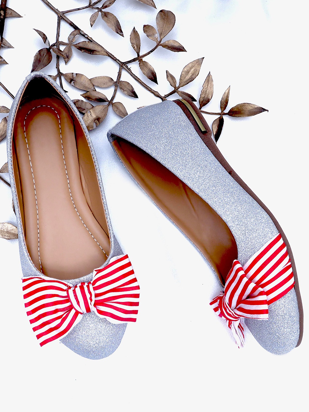 

DChica Girls Silver-Toned Striped Party Ballerinas with Bows Flats