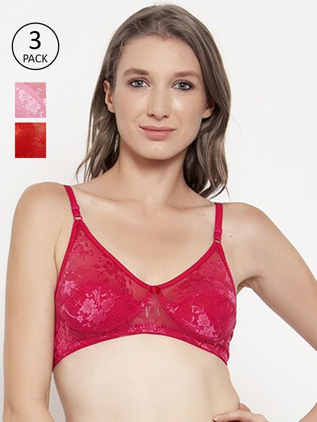 

Innocence Pack of 3 Floral Cotton Everyday Bras, Red