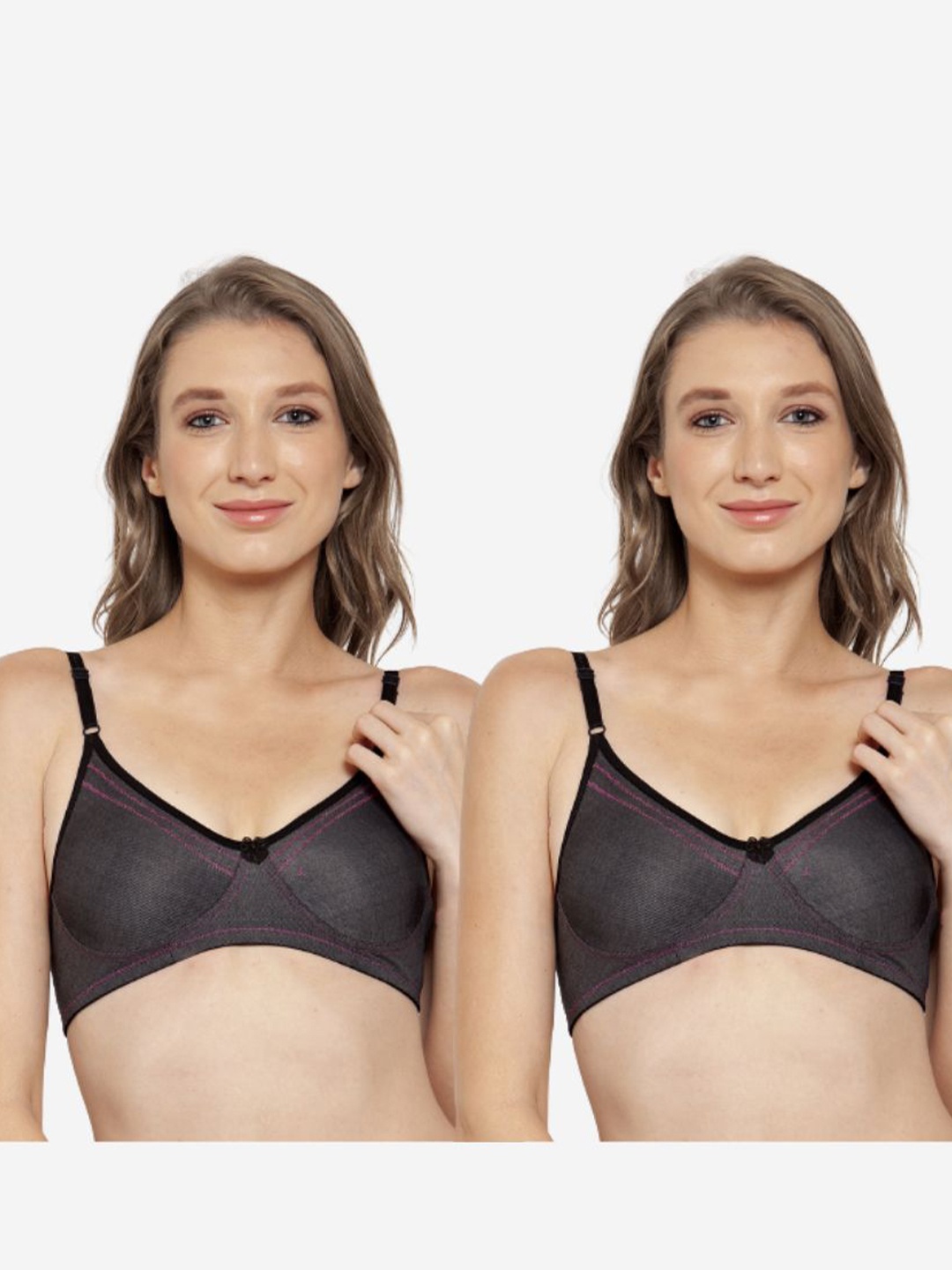 

Innocence Women's Non-Padded Wirefree Denim Look T-Shirt Black Bra with 2 packs