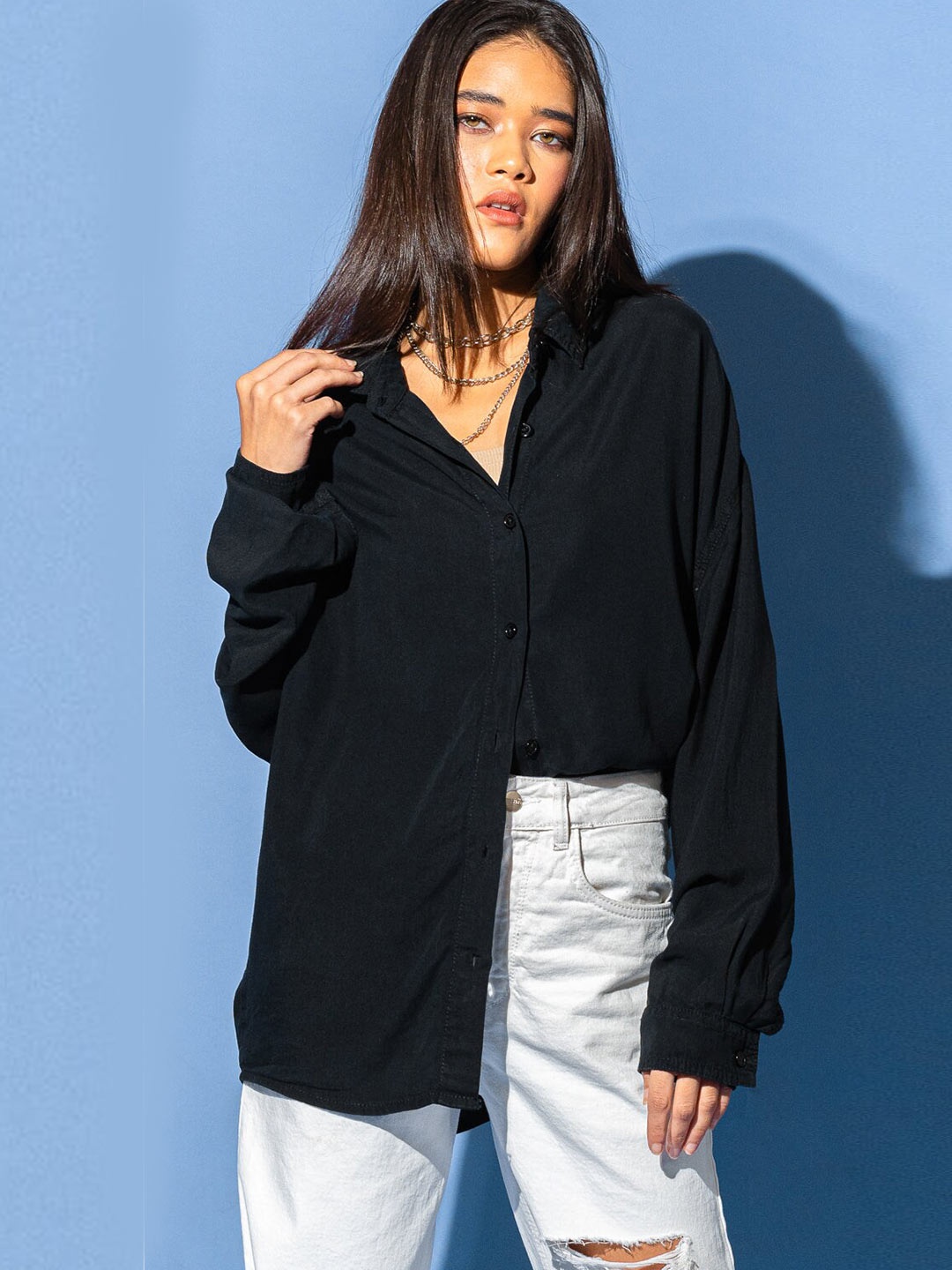 

FREAKINS Women Black Solid Oversized Boyfriend Shirt