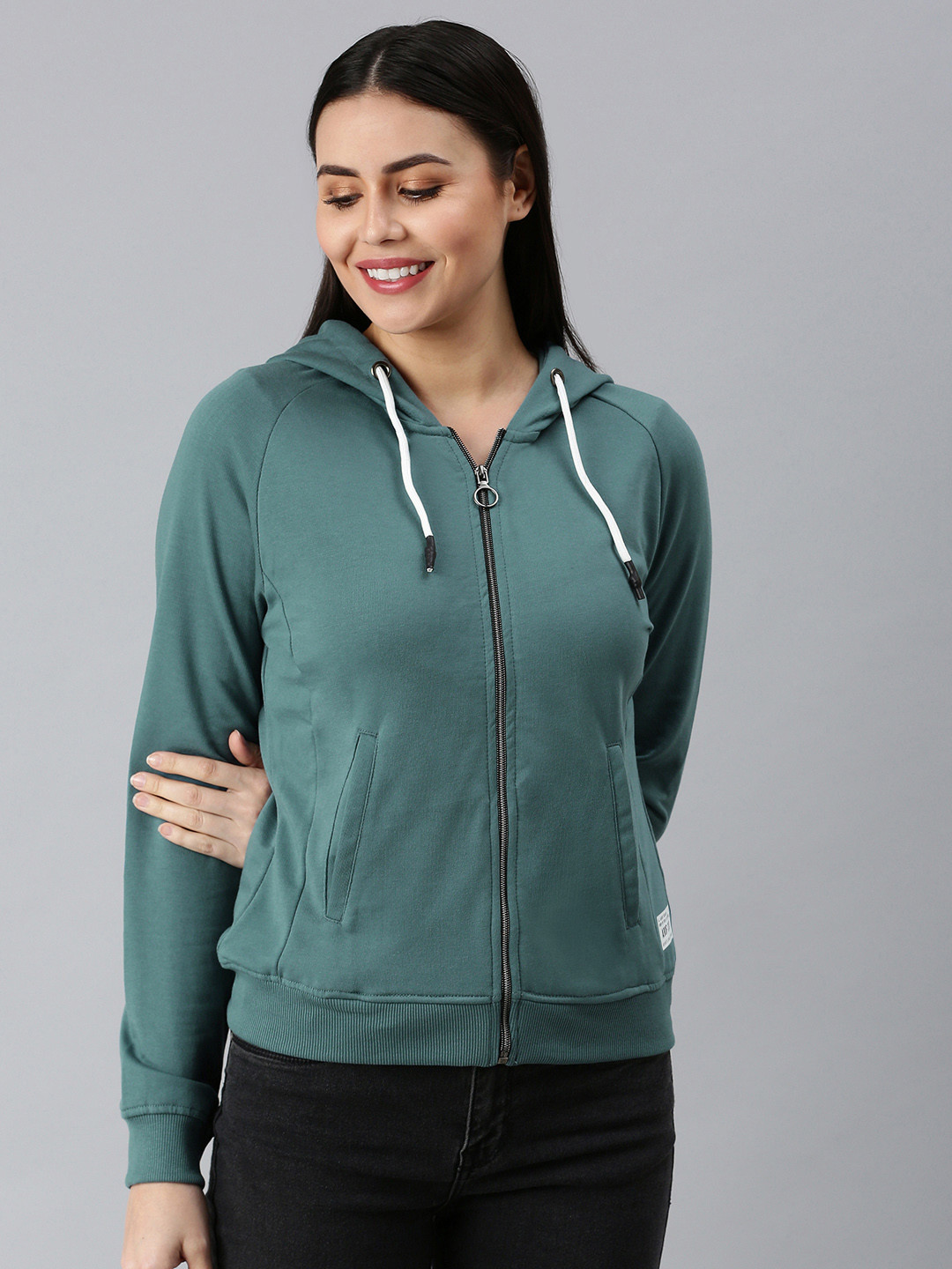 

abof Women Teal Green Hooded Front-Open Sweatshirt