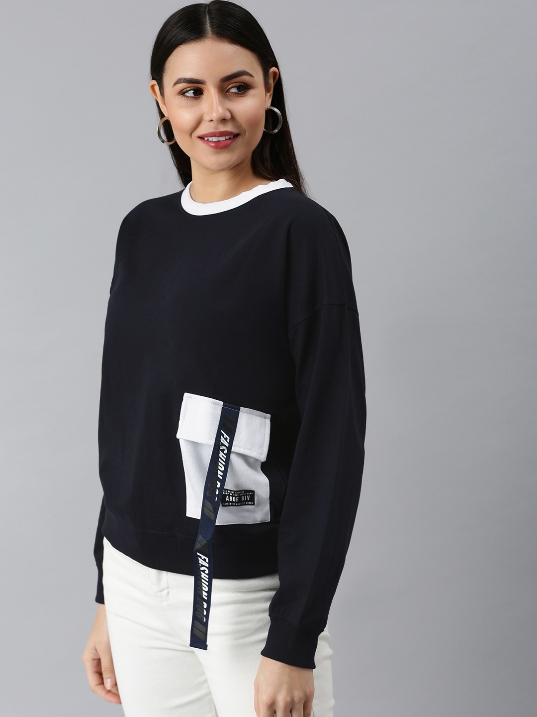 

abof Women Navy Blue Drop-Shoulder Sleeves Pullover Sweatshirt with Contrast Pocket Detail