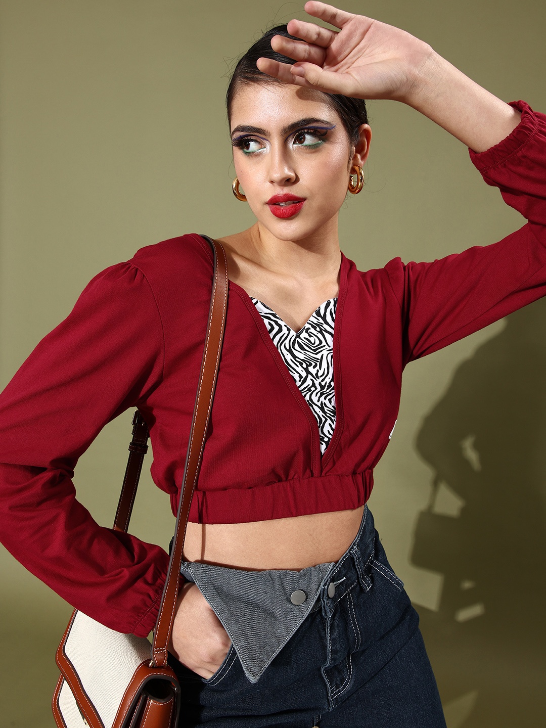 

abof Red Animal Printed New Neckline Top