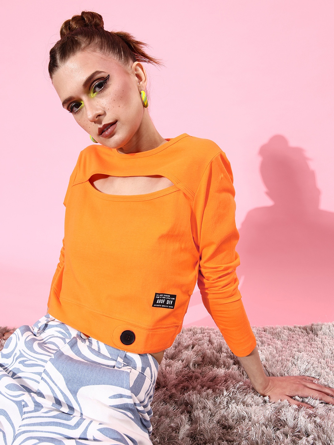 

abof Bright Orange Solid Cut Out Top