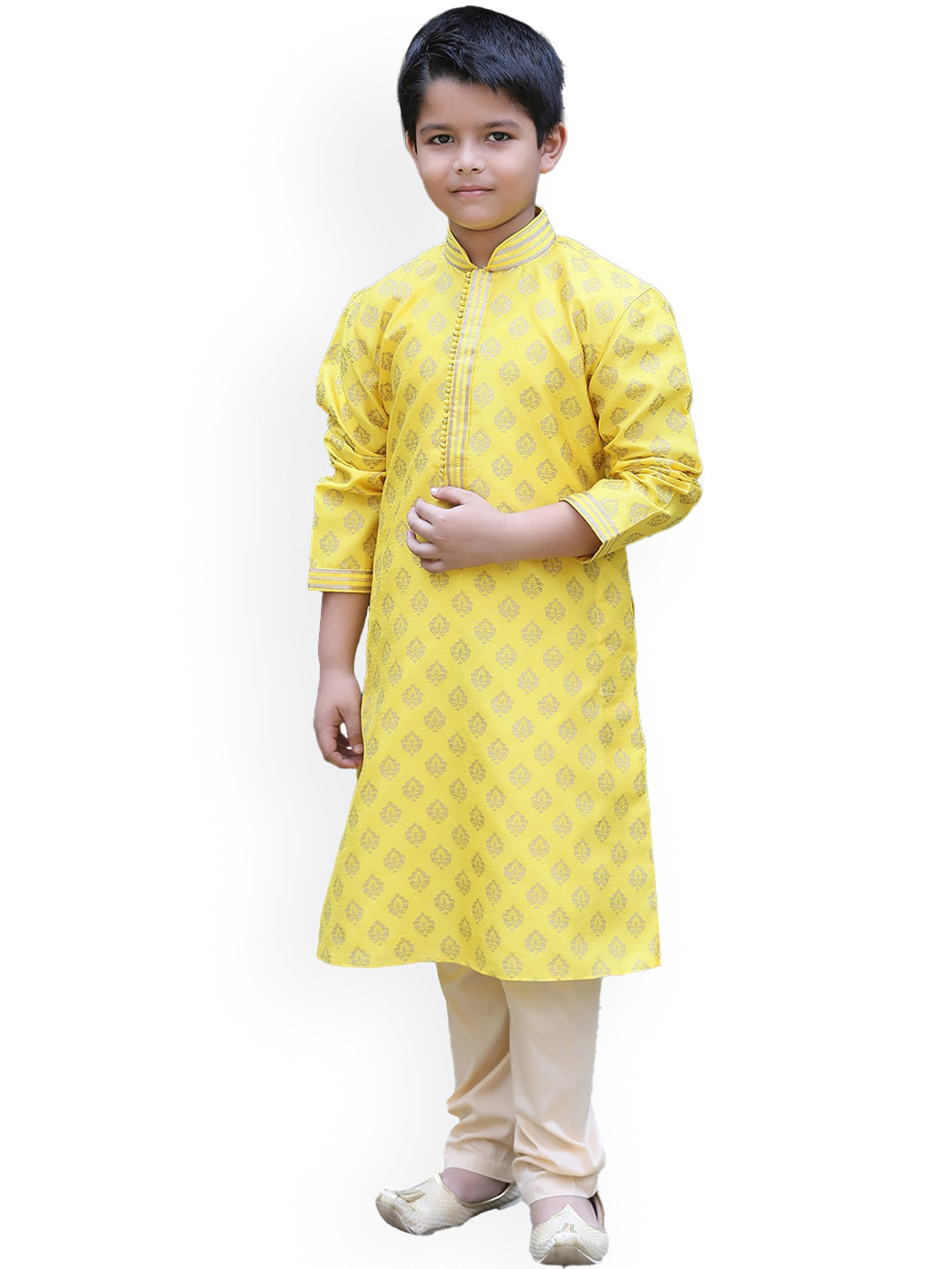 

Manyavar Boys Yellow Ethnic Motifs Printed Kurta with Churidar