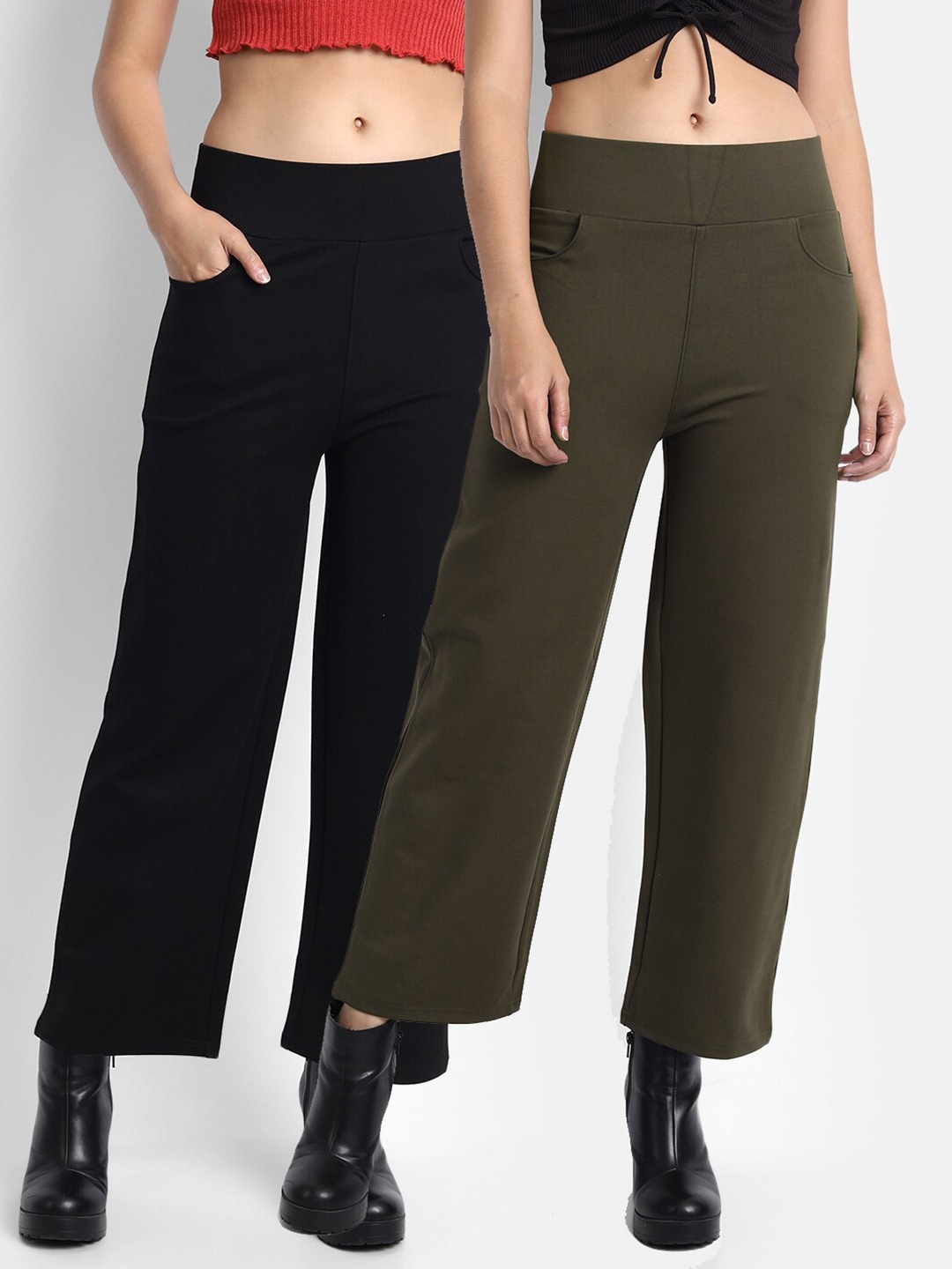 

Next One Women Pack Of 2 Black & Olive Solid Relaxed-Fit Jeggings