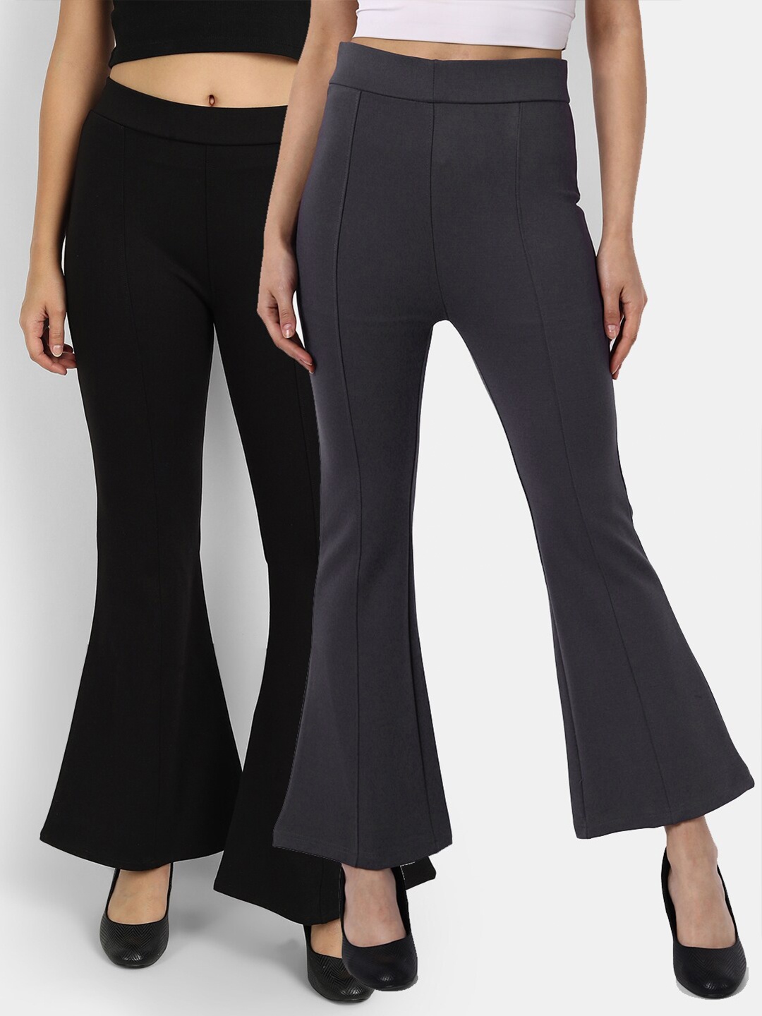 

Next One Women Pack Of 2 Black & Grey Solid High Rise Slim Fit Bootcut Jeggings