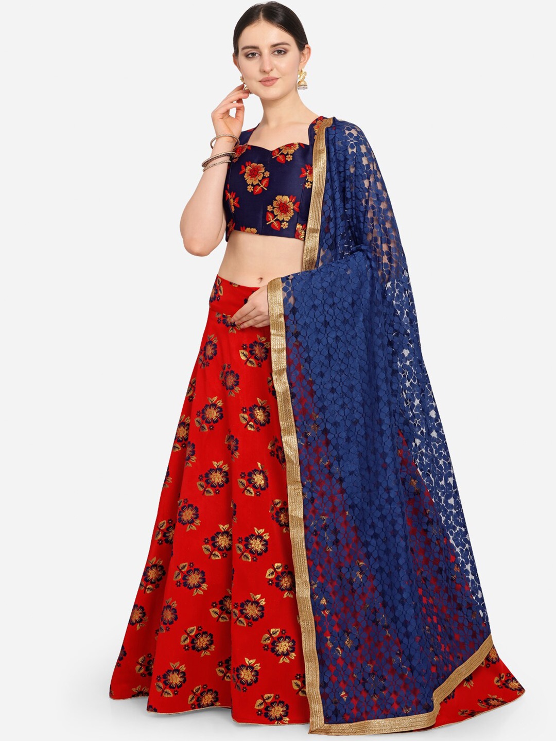 

VRSALES Blue & Red Semi-Stitched Lehenga & Unstitched Blouse With Dupatta