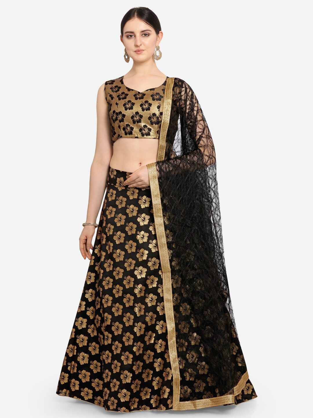 

VRSALES Black & Gold-Toned Semi-Stitched Lehenga & Unstitched Blouse With Dupatta
