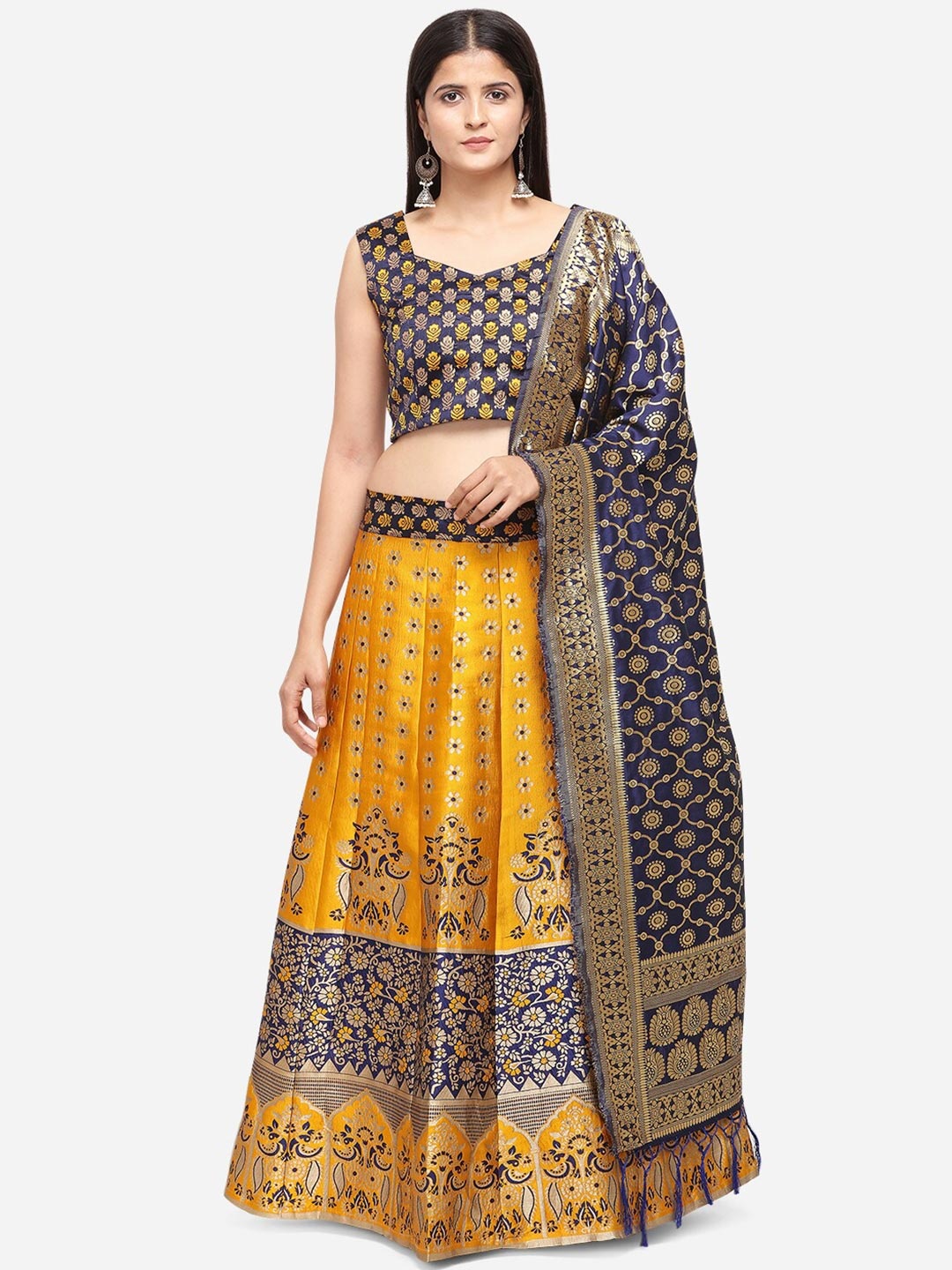 

VRSALES Mustard & Navy Blue Semi-Stitched Lehenga & Unstitched Blouse With Dupatta