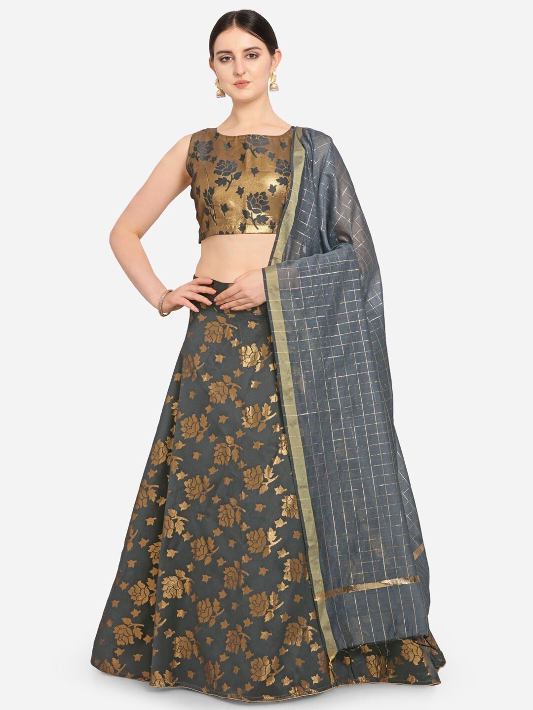 

VRSALES Grey & Golden Semi-Stitched Lehenga & Unstitched Blouse With Dupatta