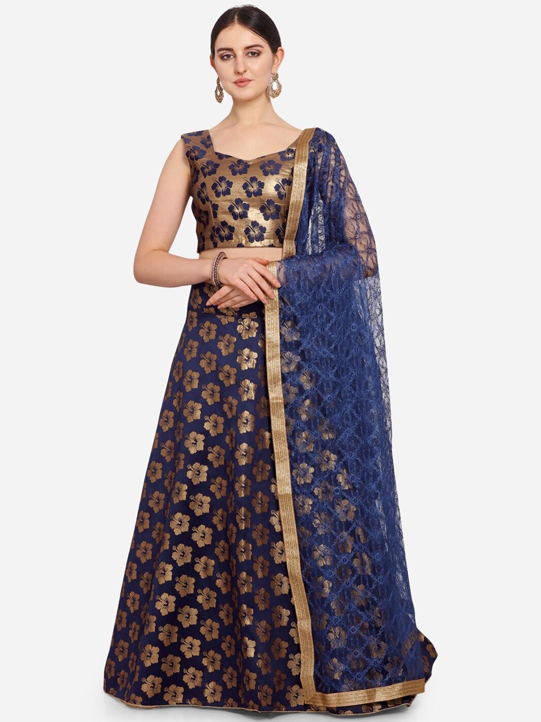 

VRSALES Golden & Blue Semi-Stitched Lehenga & Unstitched Blouse With Dupatta, Gold