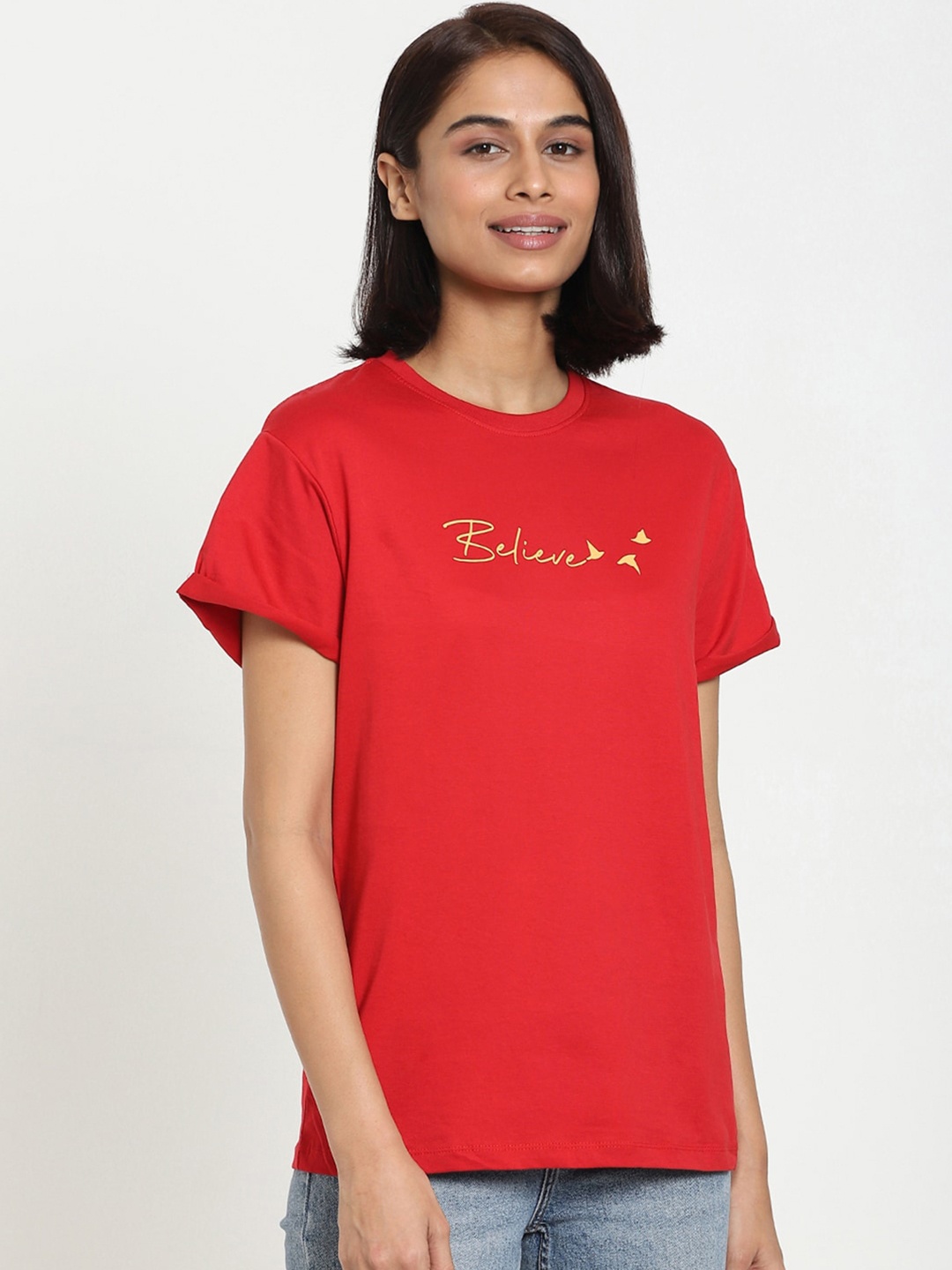 Bewakoof Women Red Printed Cotton T-shirt