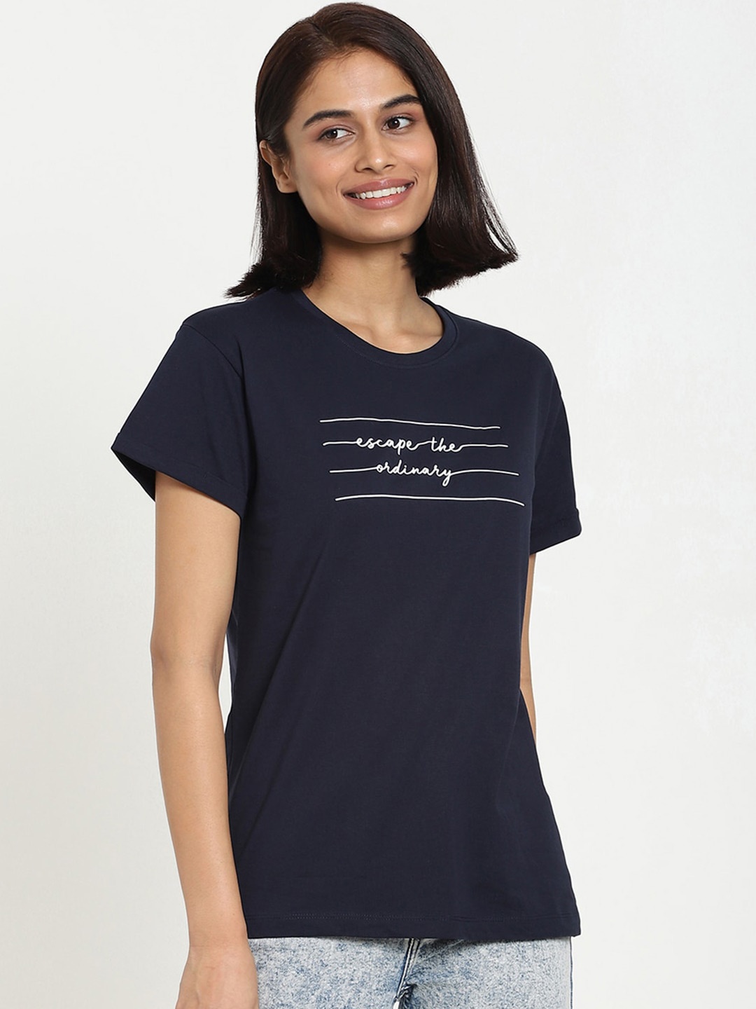 

Bewakoof Women Blue Escape The Ordinary Printed Half Sleeve Round Neck T-shirt
