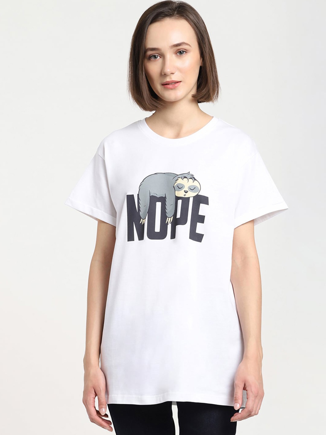 

Bewakoof Women White Typography Printed Drop-Shoulder Sleeves Pure Cotton T-shirt