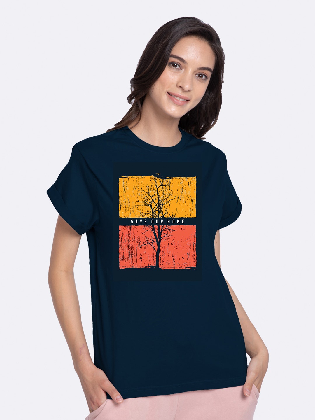 

Bewakoof Women Blue Printed Slim Fit Cotton T-shirt