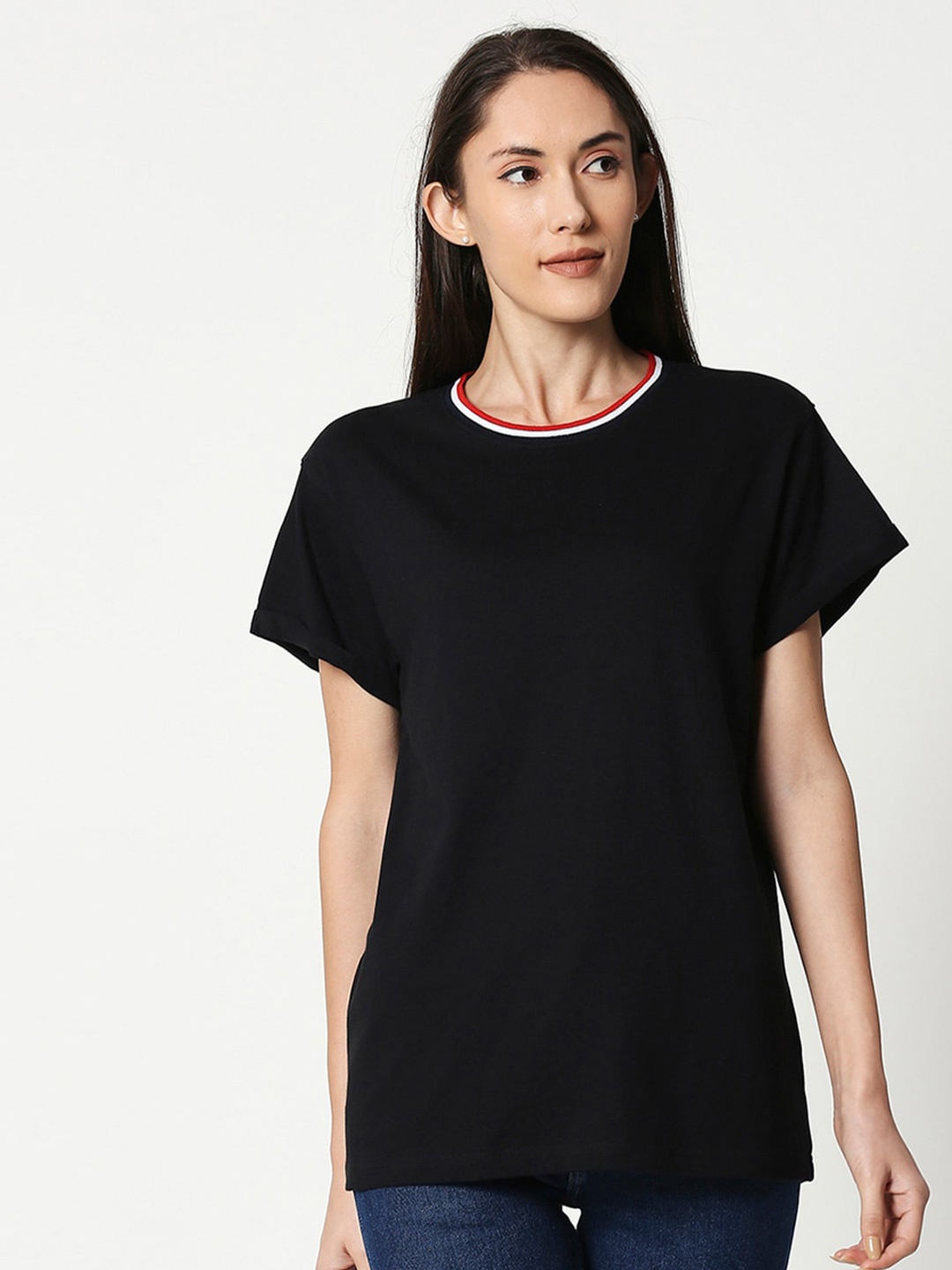 

Bewakoof Women Black Solid T-shirt