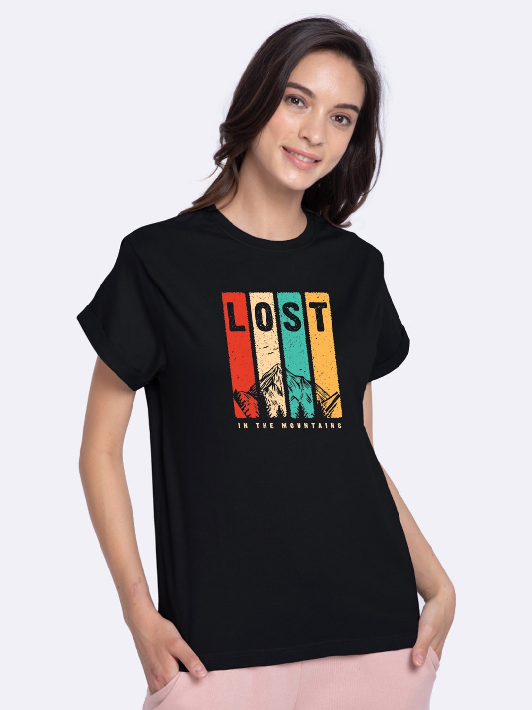 

Bewakoof Women Lost In The Mountains Printed Boyfriend T-shirt, Black
