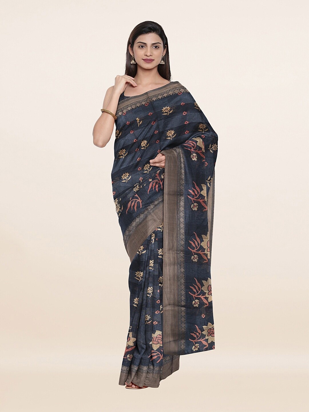

Pothys Grey & Red Floral Zari Saree