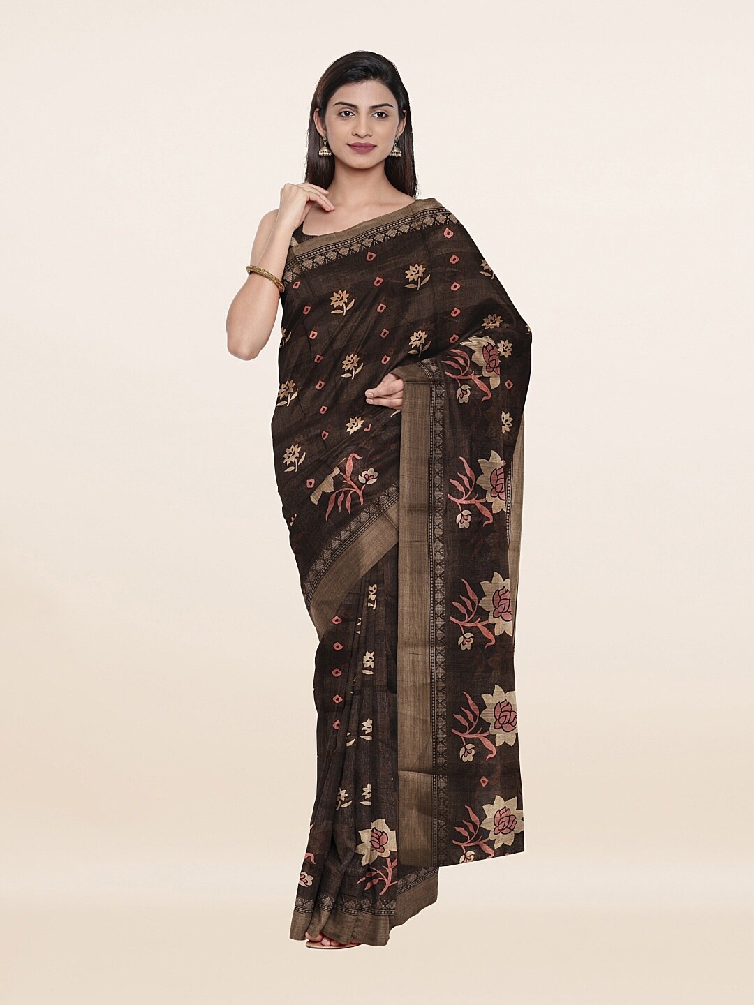 

Pothys Brown & Black Floral Printed Saree