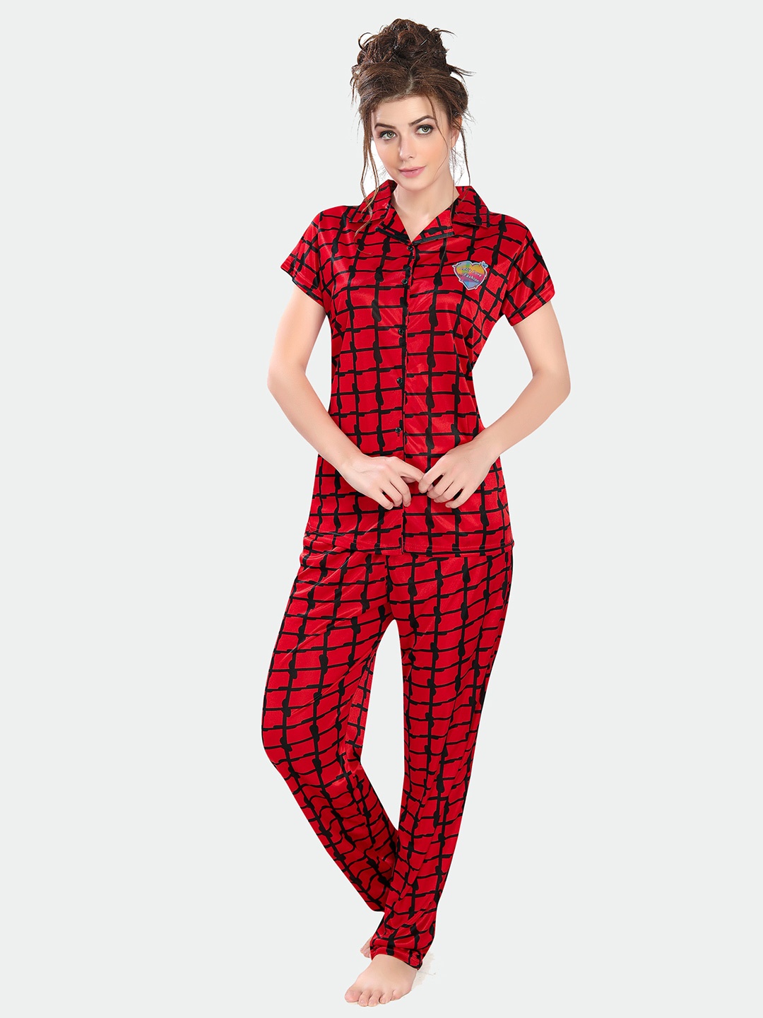 

Ever Loved Women Red & Black Checks Printed Satin Night suit