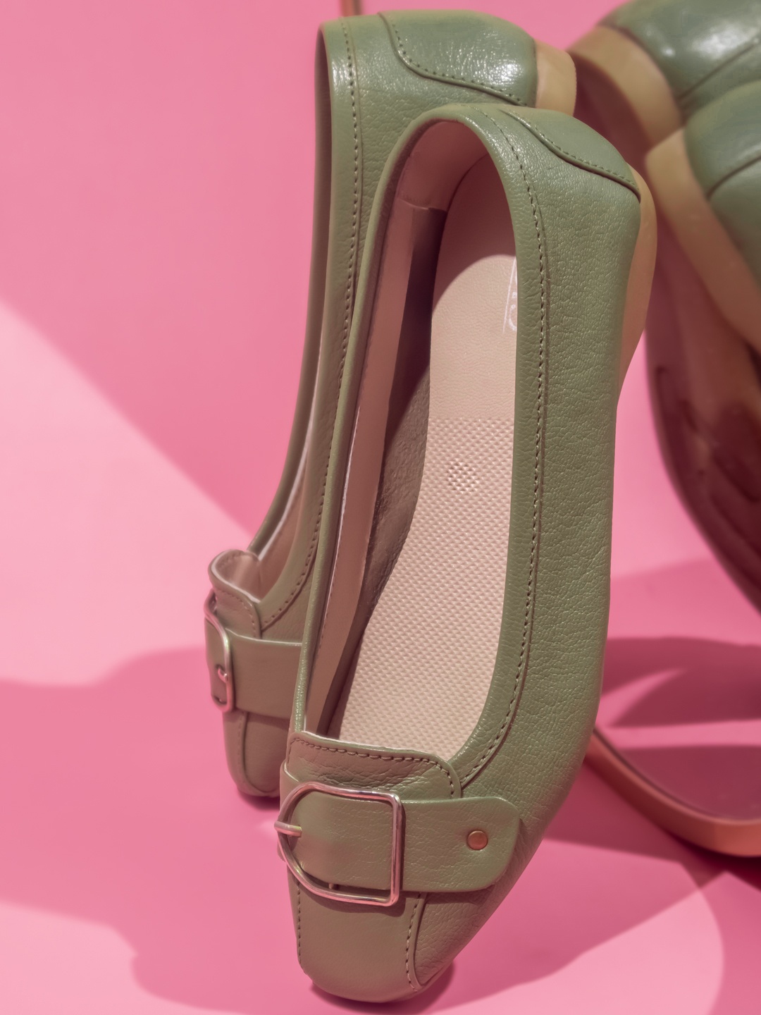 

Inc 5 Women Olive Green Embellished Ballerinas with Buckles Flats