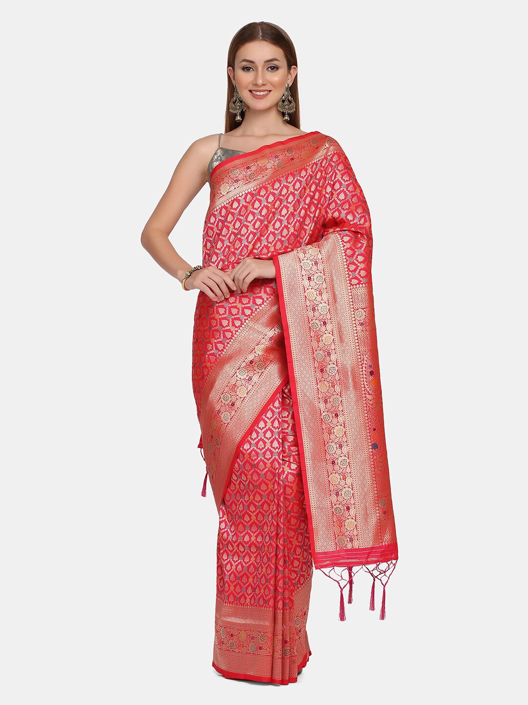 

BOMBAY SELECTIONS Pink & Gold-Toned Woven Design Zari Pure Silk Banarasi Saree