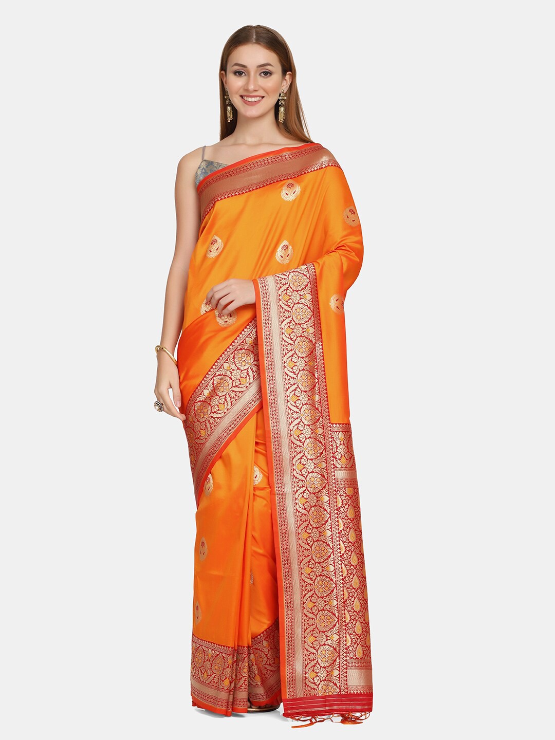 

BOMBAY SELECTIONS Orange & Gold-Toned Woven Design Zari Pure Silk Banarasi Saree