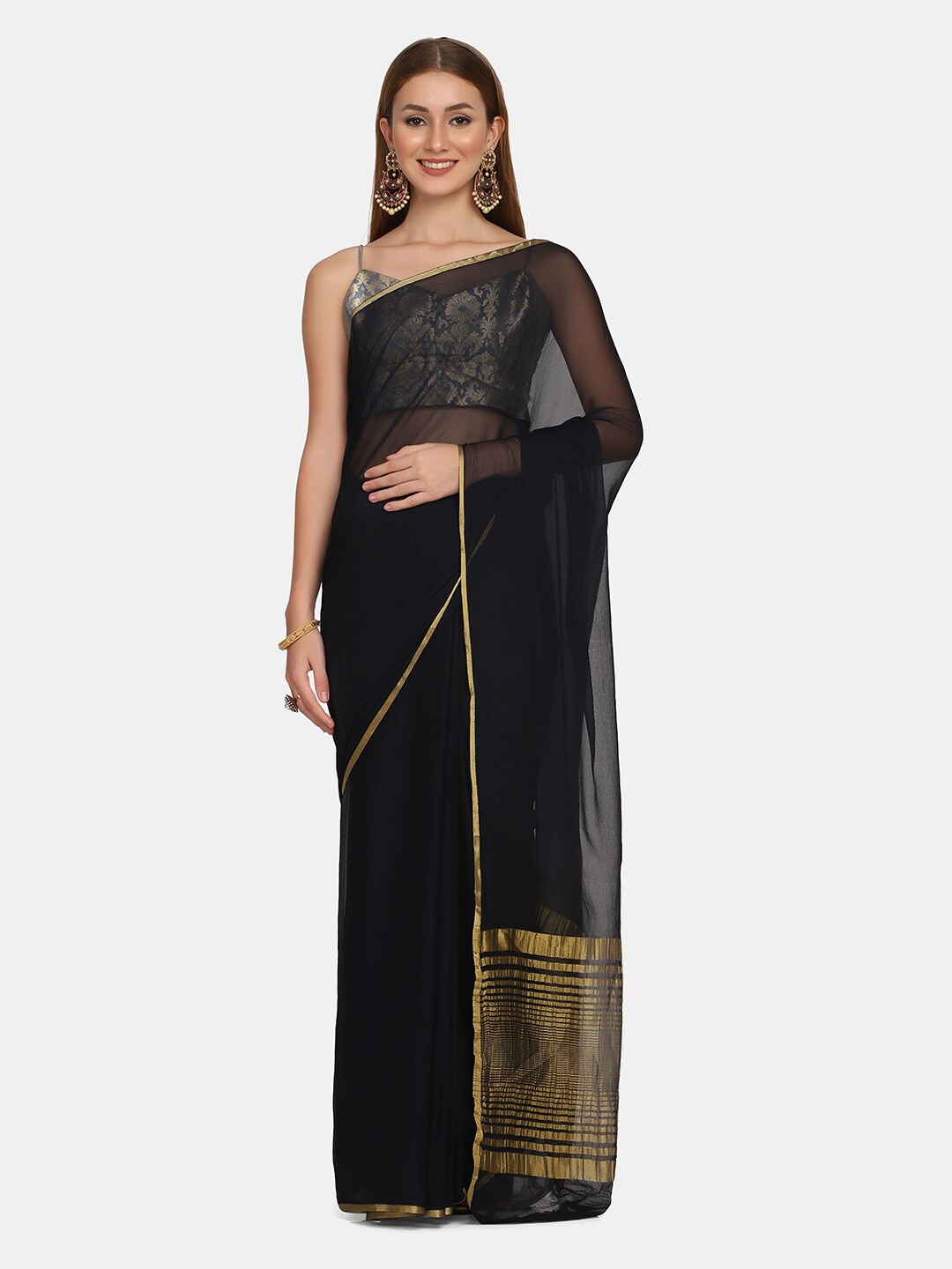 

BOMBAY SELECTIONS Black & Gold-Toned Zari Banarasi Saree