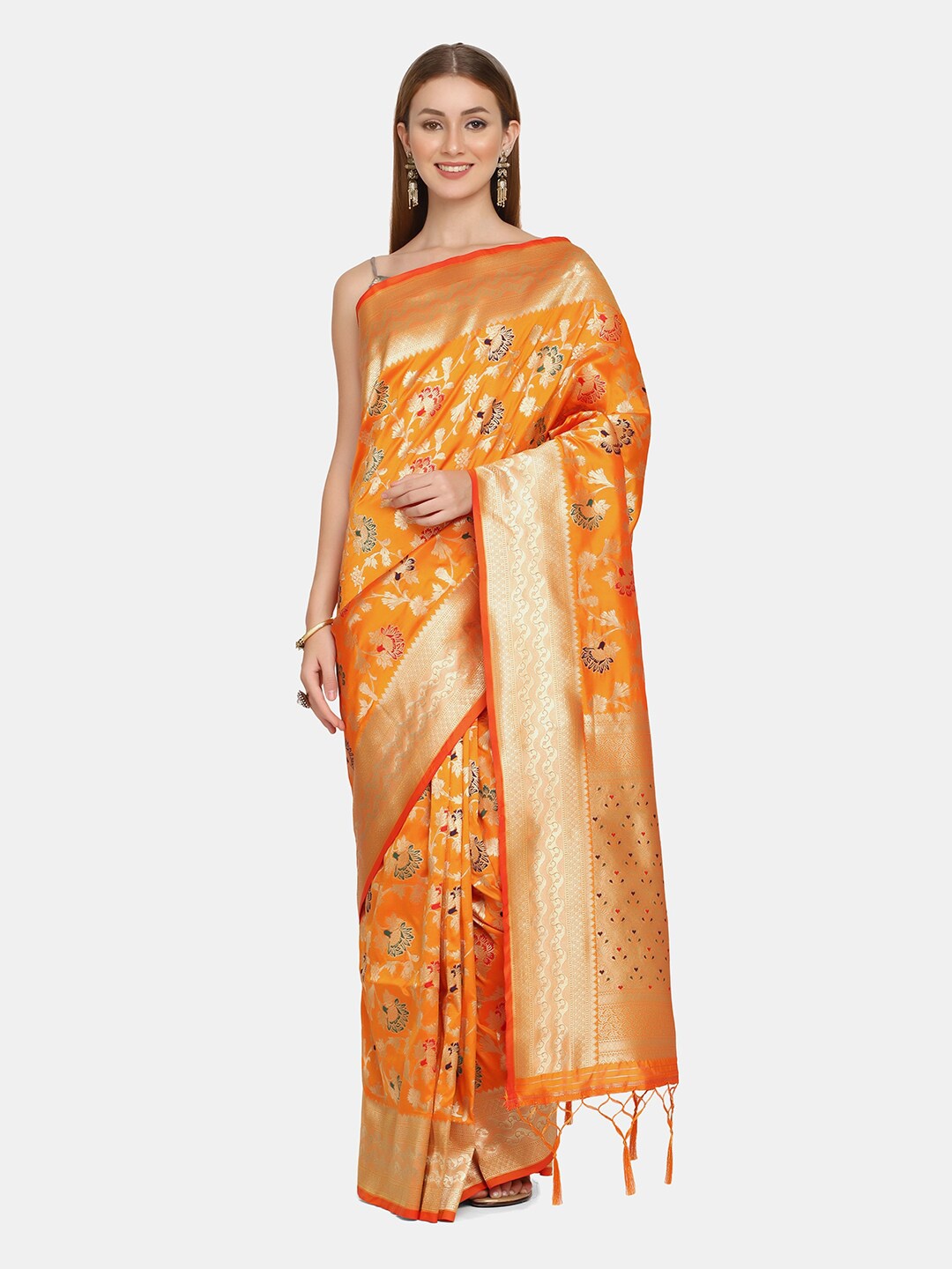

BOMBAY SELECTIONS Orange & Gold-Toned Woven Design Zari Pure Silk Banarasi Saree