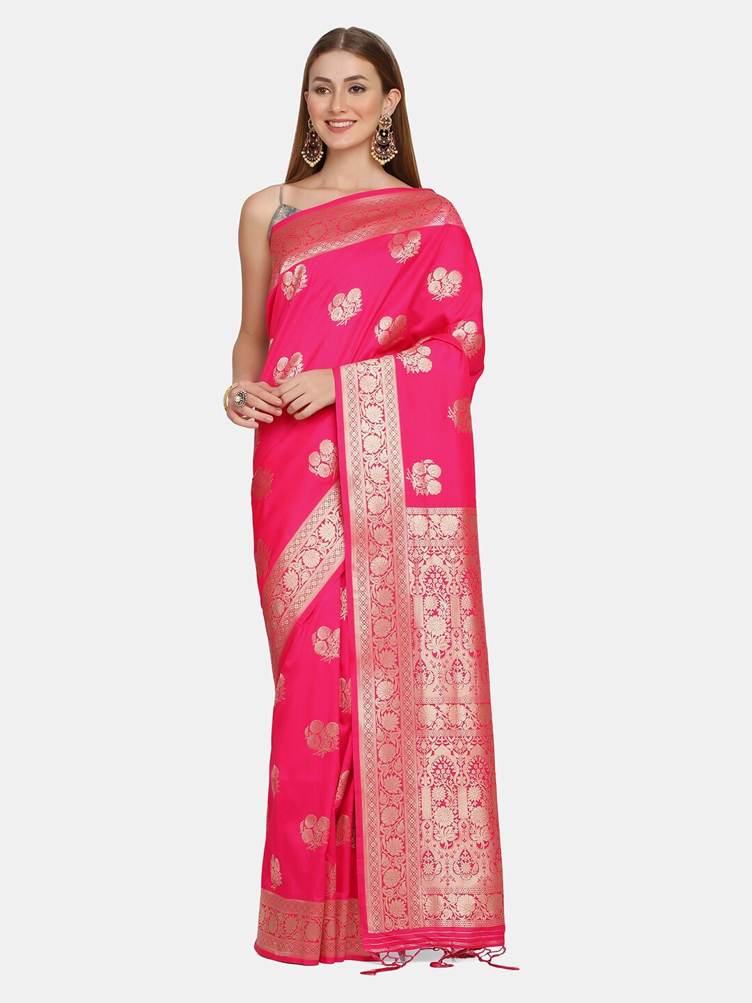 

BOMBAY SELECTIONS Pink & Gold-Toned Woven Design Zari Pure Silk Banarasi Saree