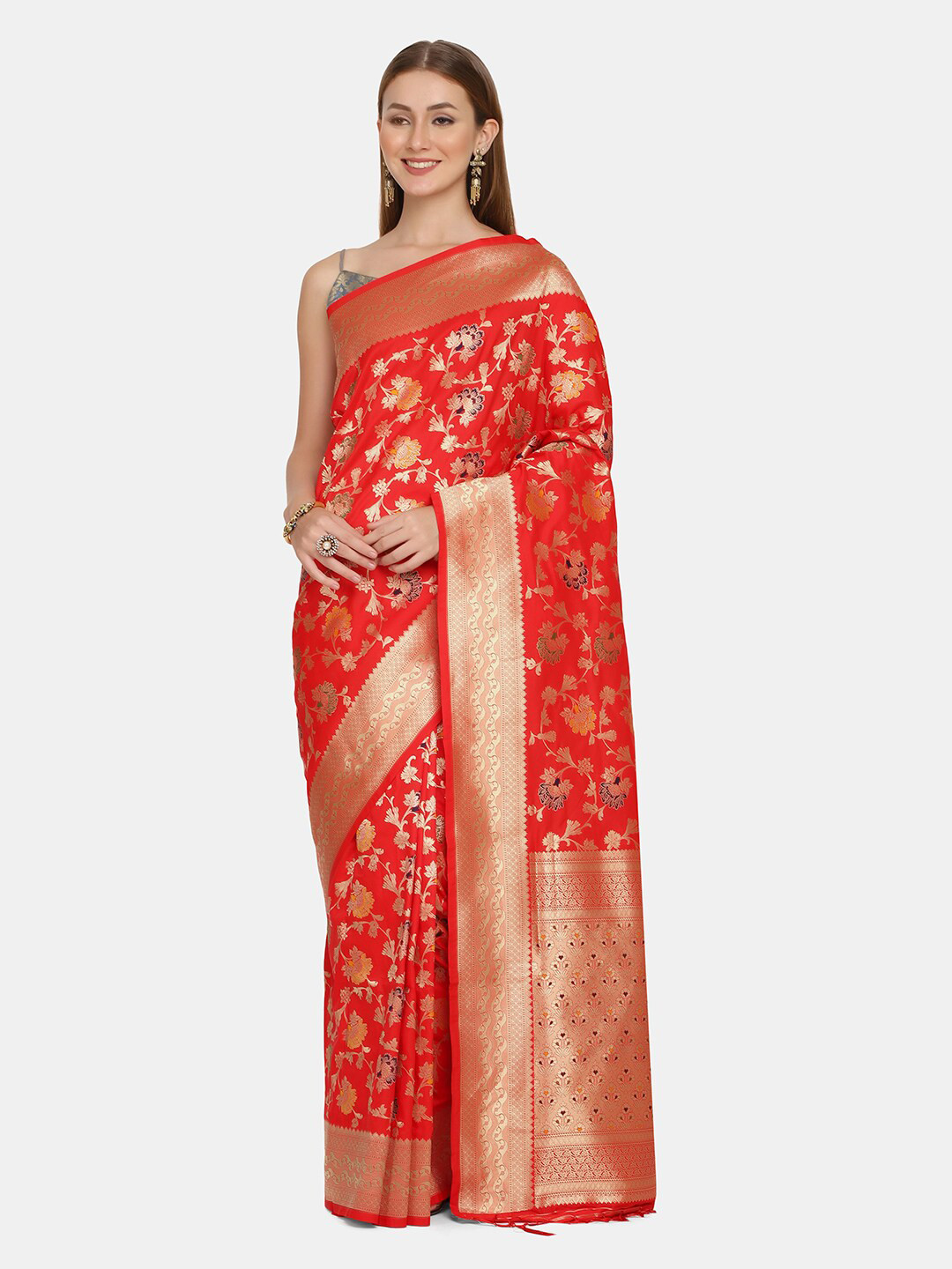 

BOMBAY SELECTIONS Red & Orange Woven Design Zari Pure Silk Banarasi Saree