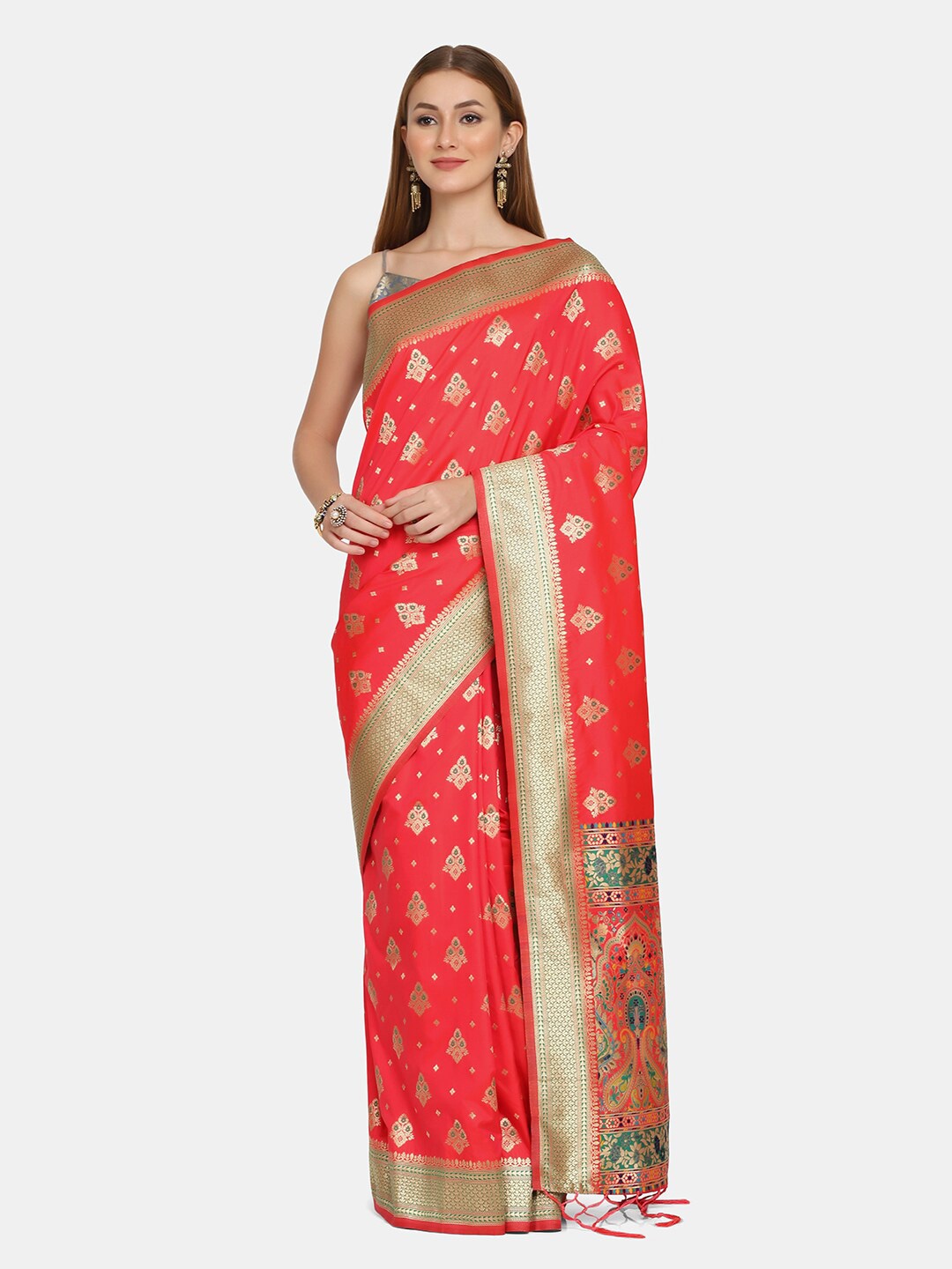 

BOMBAY SELECTIONS Pink & Gold-Toned Woven Design Zari Pure Silk Banarasi Saree