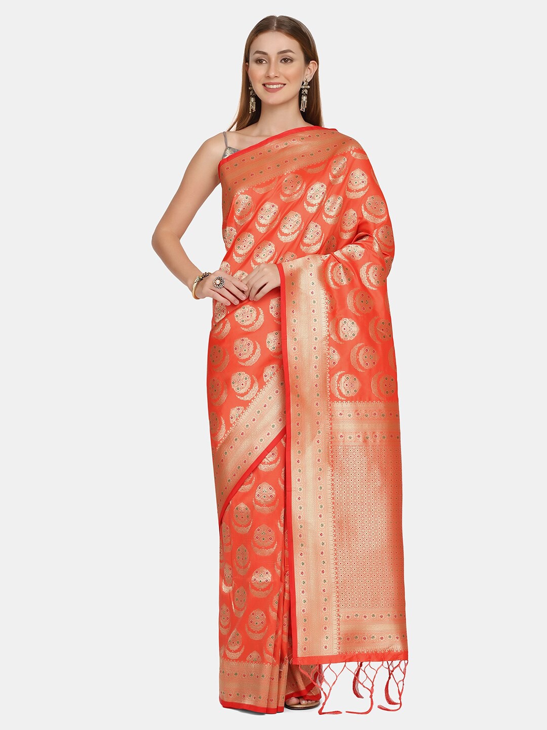 

BOMBAY SELECTIONS Peach-Coloured & Gold-Toned Woven Design Zari Pure Silk Banarasi Saree