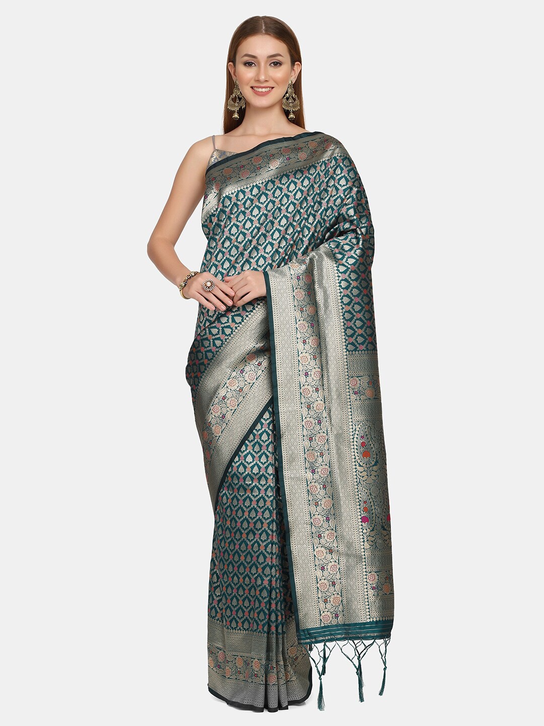 

BOMBAY SELECTIONS Green & Gold-Toned Floral Pure Silk Banarasi Saree