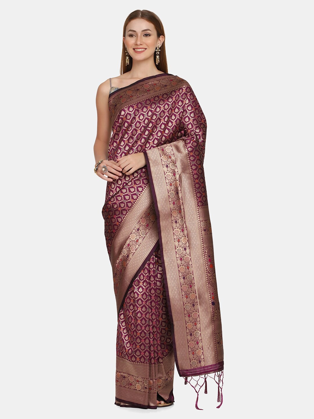 

BOMBAY SELECTIONS Purple & Gold-Toned Floral Pure Silk Banarasi Saree
