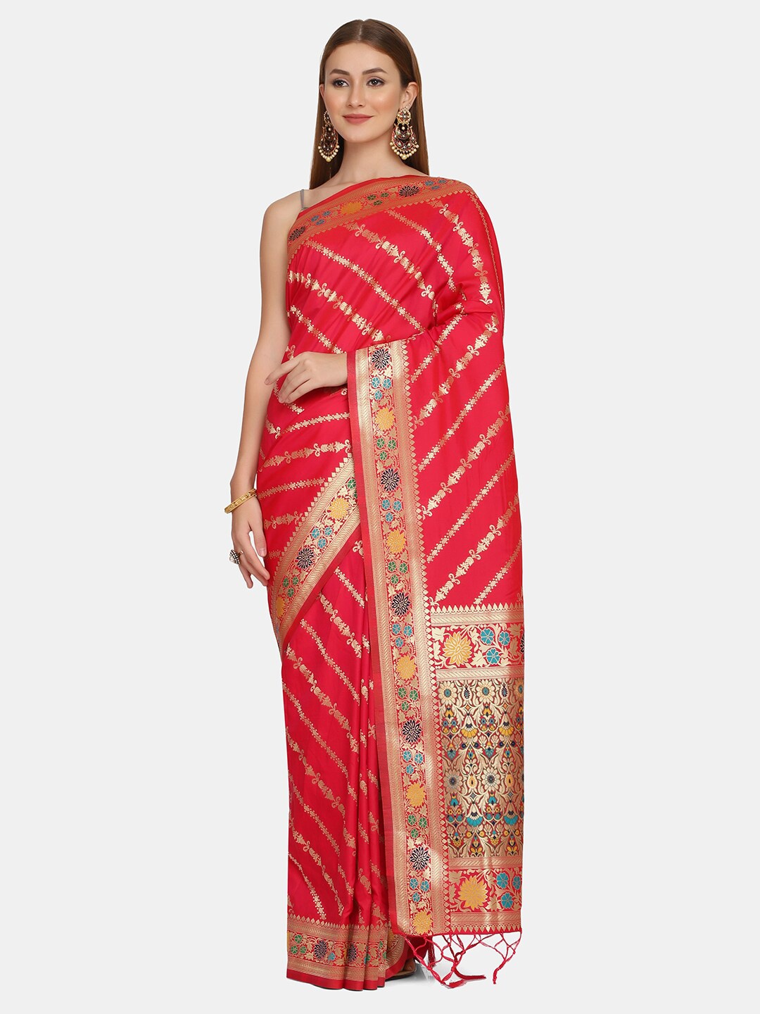 

BOMBAY SELECTIONS Magenta & Gold-Toned Striped Pure Silk Banarasi Saree