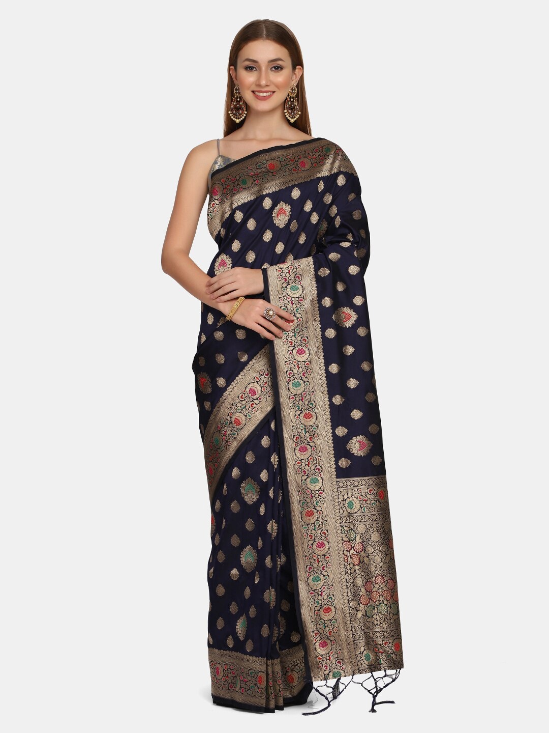 

BOMBAY SELECTIONS Navy Blue & Gold-Toned Floral Pure Silk Banarasi Saree