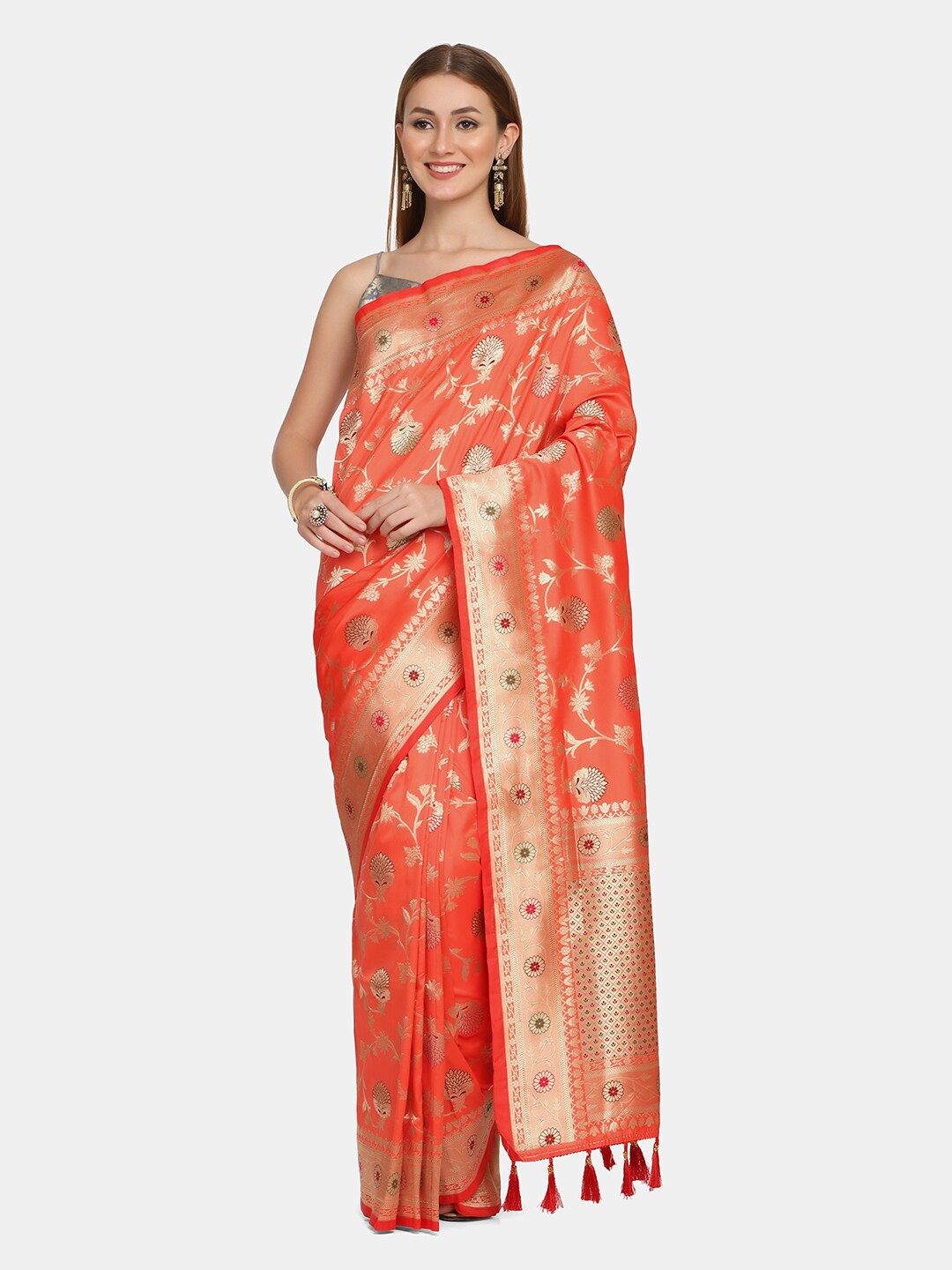 

BOMBAY SELECTIONS Peach-Coloured & Gold-Toned Floral Pure Silk Banarasi Saree