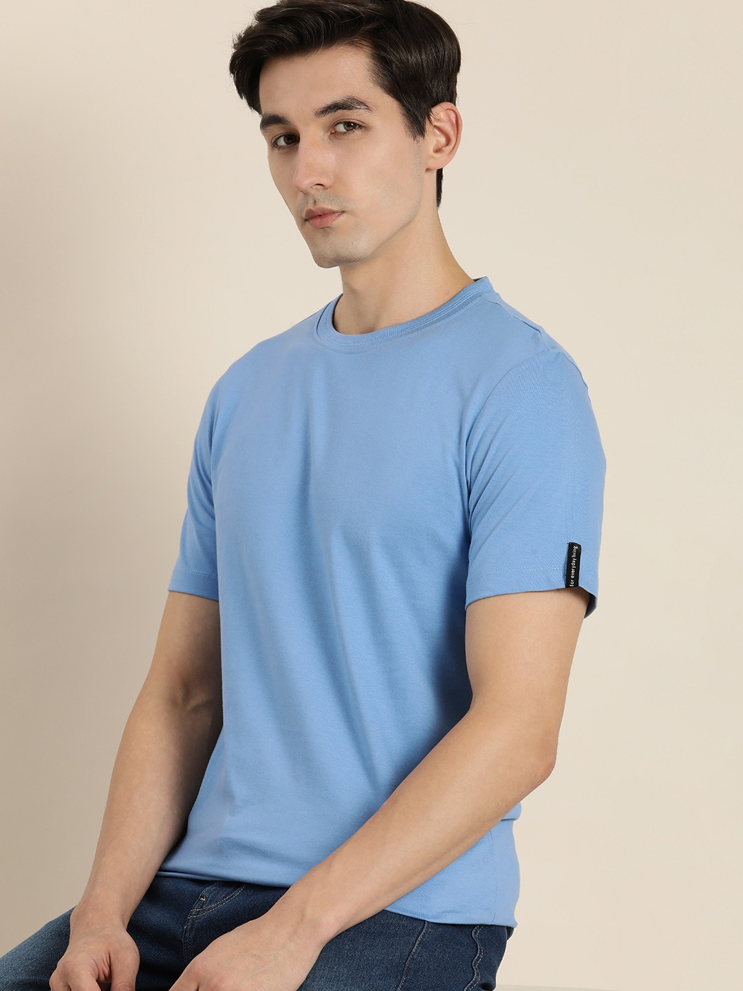 

ether Men Blue Solid Pure Cotton T-shirt