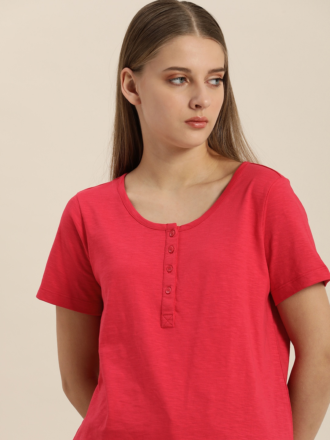 

ether Women Red Henley Neck Pure Cotton T-shirt
