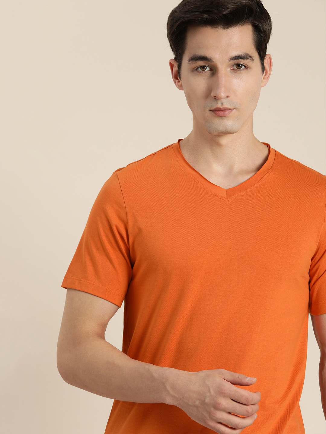 

ether Men Orange V-Neck Pure Cotton T-shirt