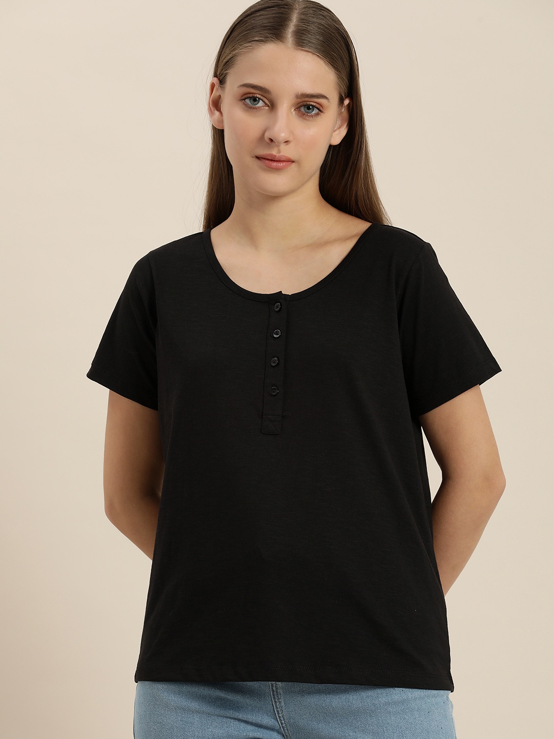 

ether Women Black Pure Cotton Henley Neck T-shirt
