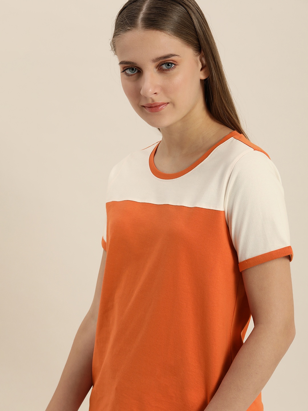 

ether Women Mustard Yellow & White Colourblocked Pure Cotton T-shirt