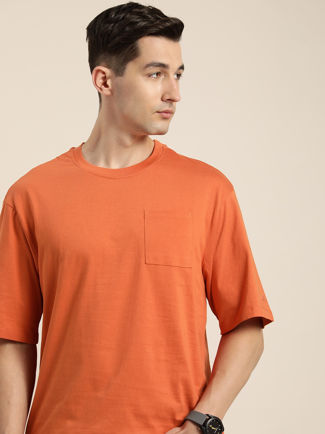 

ether Men Rust Orange Solid Round Neck Pure Cotton Drop-Shoulder Sleeves T-shirt