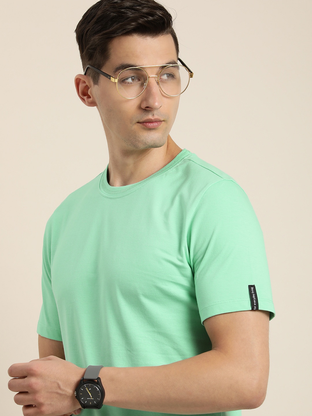 

ether Men Sea Green Solid Round Neck Pure Cotton T-shirt