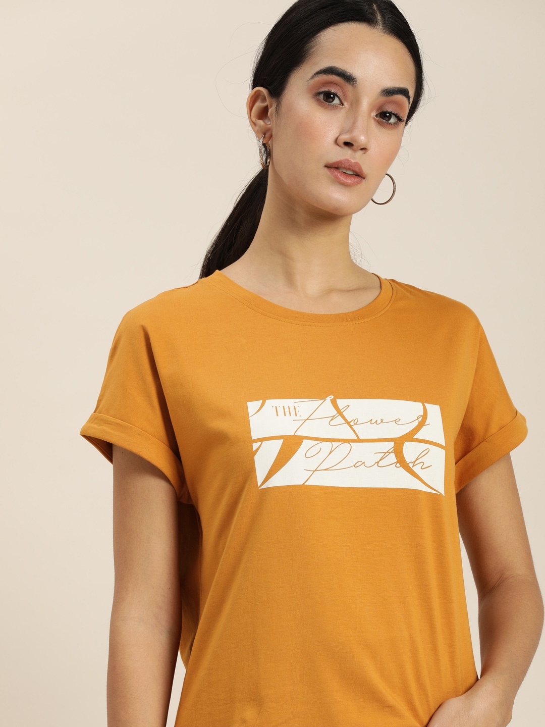 

ether Women Mustard Yellow Graphic Printed Pure Cotton Casual T-shirt