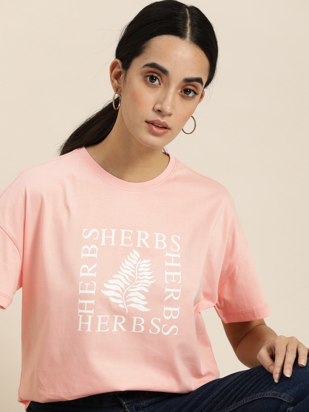 

ether Women Peach-Coloured Graphic Printed Pure Cotton Casual T-shirt